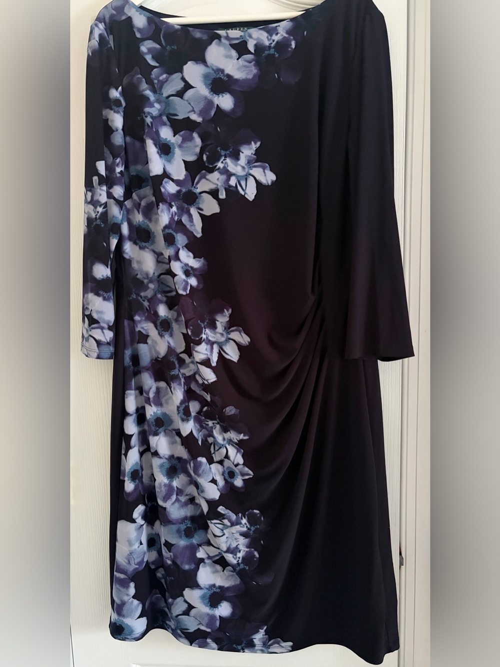 Ralph Lauren Black Floral Side-Drape Long Sleeve Dress